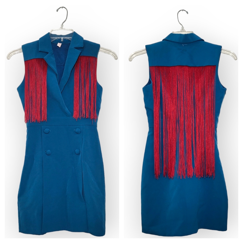Bleecker & Broadway Vintage Retro Blue Red Fringe Sleeveless Dress